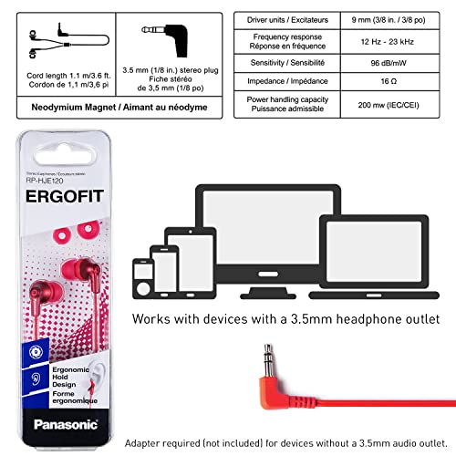 Image of Panasonic Ergofit in-Ear Earbud Headphones Metallic Red (RP-HJE120-RA) (Pack of 10)