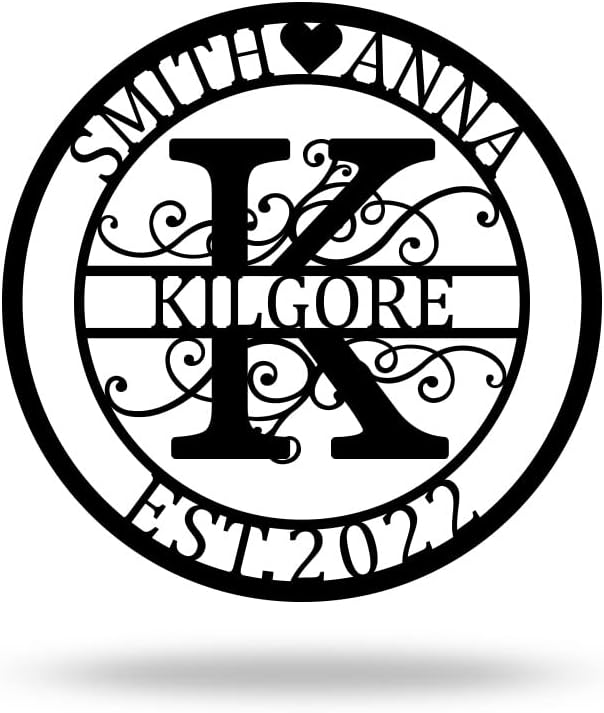 Letra de monograma ornamentada con primer apellido y fecha EST, letrero de nombre de letra dividida  Letrero de metal personalizado con nombres