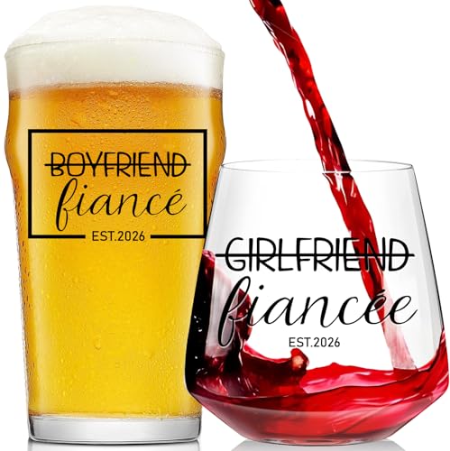 2026 Engagement Gifts for Couples - Unique Engagement Gifts for Her/Him, Fiance&Fiancee Wine Glasses for Women, Engaged Gift Decorations for Newlywed