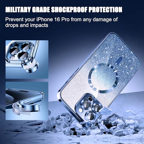 Image of Misscase for iPhone 16 Pro Magnetic Glitter Case Compatible with MagSafe,Camera Lens Protector Full Protection Elegant Anti-Scratch Dust-Proof Net Case Cover for iPhone 16 Pro Blue