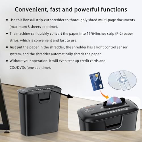 image for Bonsaii 8-Sheet Strip-Cut Shredder for Home & Office Use Shreds Paper,