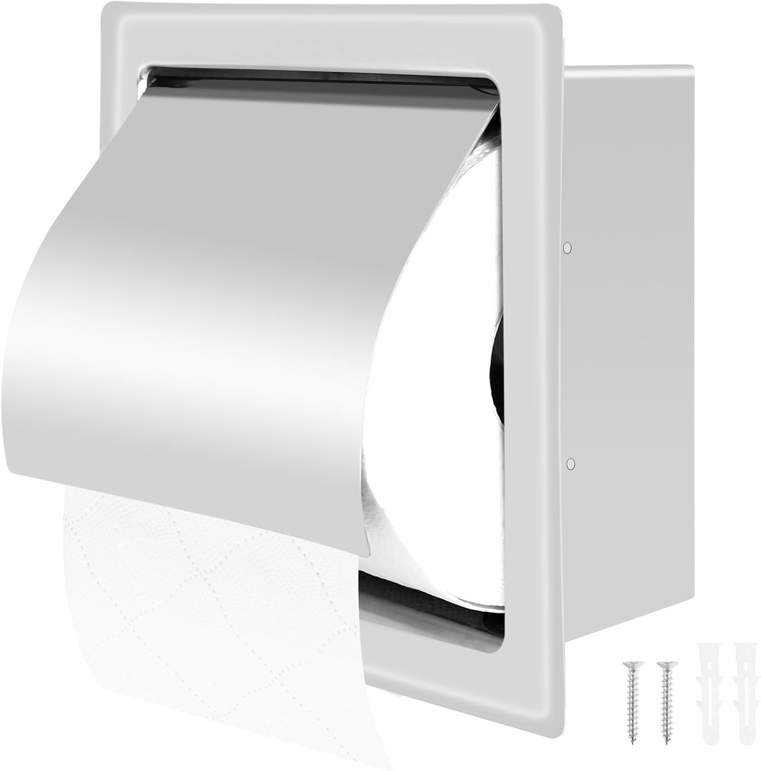 Modern Style Toilet Paper Holder, Recessed Tissue Roll Dispenser, Stainless Steel, Wall-Mounted