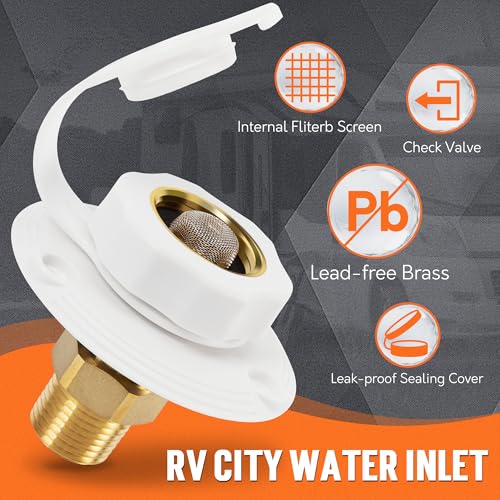 Image of TONDA RV City Water Inlet with Check Valve, Brass Thread RV Water Fill Inlet Replacement, RV Water Hose Connector for Camper, Trailer, Motorhome