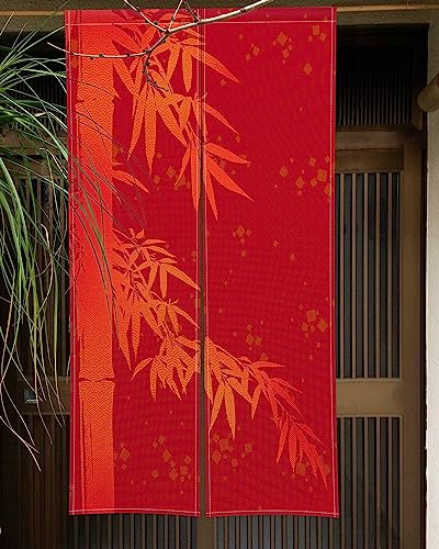 Qinunipoto のれん 赤い柄 竹 シンプル風 暖簾 幅72×丈120cm インテリア 目隠し おしゃれ すだれ 遮光 部屋 間仕切り ロング カーテン 麻調ポリエステル製 オーダー可 冷/暖気遮断 簡単取付 リビング 玄関/キッチン/お風呂/喫茶店