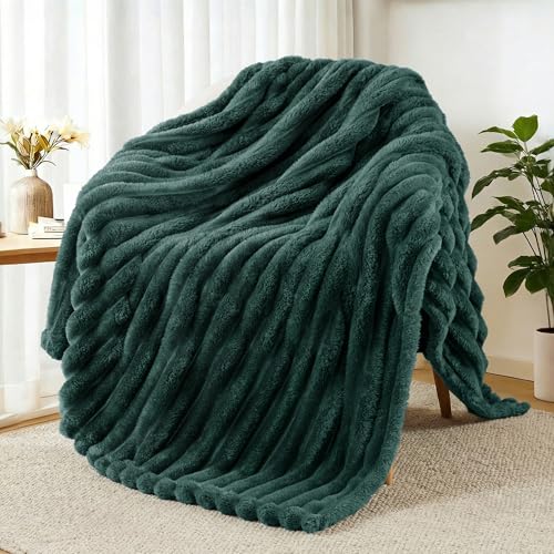 Exclusivo Mezcla Koc polarowy na kanapę, super miękki żakardowy koc 3D, w paski, lekki, puszysty, przytulny koc na każdą porę roku, 127 x 152 cm, leśna zieleń