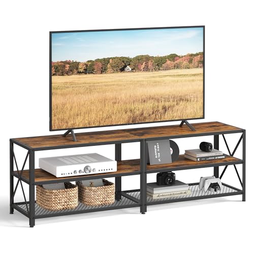 VASAGLE TV Stand, TV Console for TVs Up to 70 Inches, TV Table, 63 Inches Width, TV Cabinet with Storage Shelves, Steel Frame, for Living Room, Bedroom, Rustic Brown and Black ULTV095B01
