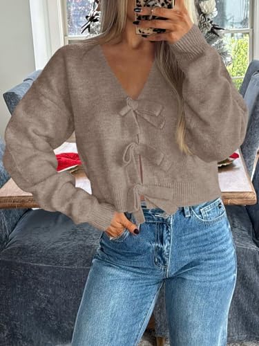 Saodimallsu Womens Bow Sweater Cropped V Neck Long Sleeve Fall Cozy Knit Loose Trendy Pullover Sweaters2