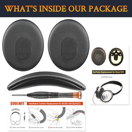 Image of SOULWIT Earpads Cushions + Headband Pad, Replacement Kit for Bose QuietComfort 3 (QC3) Headphones (Do Not Fit OE1) - Black