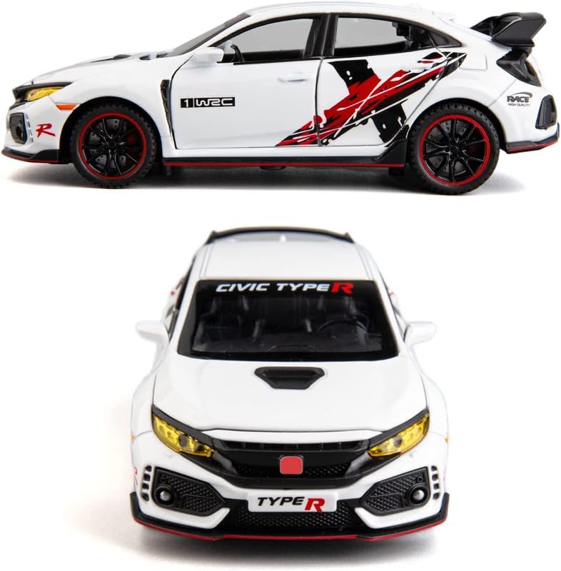 Image of PINQUE Kids New Car 1:32 Civic Type R Diecast Alloy Metal Pull Back Car with Openable Doors Music Sound and Light Vehicle Toy Car for Boys (White)