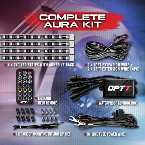 OPT7 Aura Wheel Well RGB Lights with Remote Control, Multicolor Tire Rim Lights for Cars Trucks Vans SUVs Motorcycles, Smart Color LED Lighting Kit, 4 pc 24 Inches Waterproof Strips, 12V