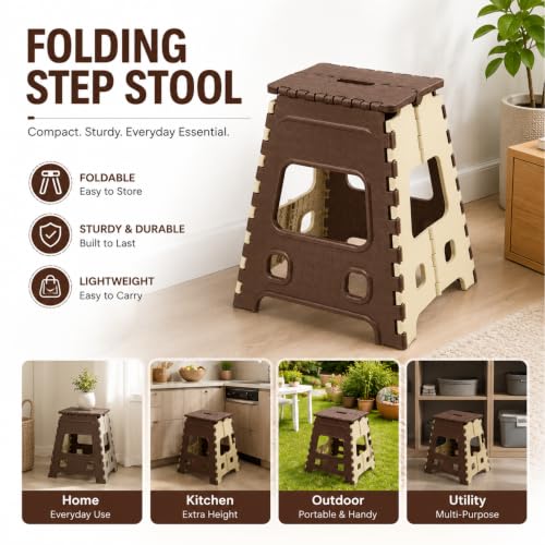 Image of 18 Inches Folding Step Stool for Adults & Kids | Strong Portable Stool for Kitchen, Garden & Travel | Foldable Stool for Travel | Lightweight Folding Stool (Brown & Beige)