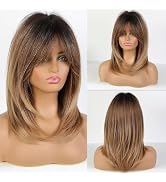 Luxclipse Short Honey Brown Wigs for Women, Real Human Hair Shoulder Length Wig with Dark Roots, ...
