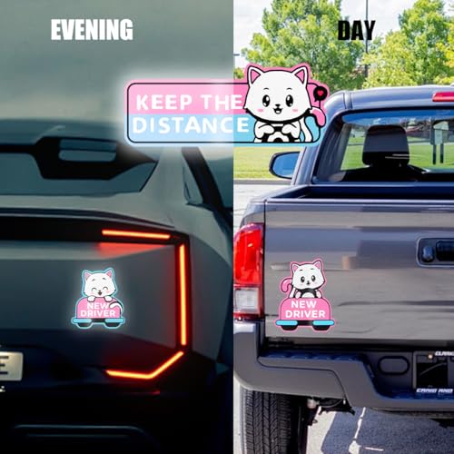 Image of Zpana Reflective New Driver Car Magnet, Cute Funny Cartoon Vehicle Student Safety Sign for Bumper, Reusable Auto Exterior Beginner Sticker Accessories, Universal for SUV Sedan Truck (Cat-B)