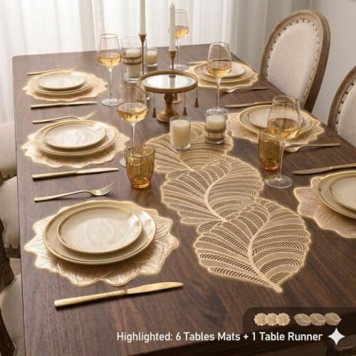 Image of Dakshya Industries Set of 7 placemats Table mats Runner PVC Waterproof Washable Heat Resistant Non Slip Dining Table Decor Table Protector