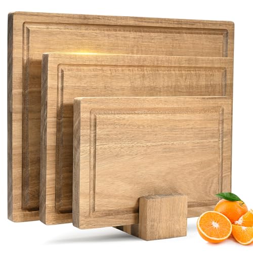 JoyCushy 3 Piece Acacia Wood Chopping Boards Set with Stand, Kitchen Cutting Boards in 3 Sizes(40 * 30cm, 33 * 24cm, 26 * 18cm), Chopping Board Set for Fruit, Vegetables, Meat, Bread