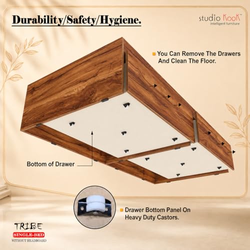 Image of Studio Kook Tribe Engineered Wood Single Bed with Dual Storage Drawers | Without Headboard (78x36 Inches, Amber Walnut, Matte Finish)