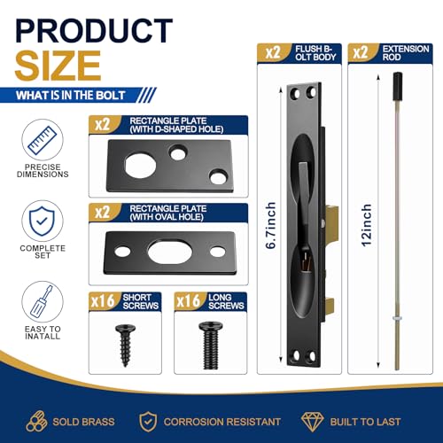 Image of Blulu 2 Pcs Solid Brass Extension Flush Bolt with Rod 12 Inch, 1 inch W x 6-3 /4 inch H Flush Bolt for Fire Swinging Hollow Metal Doors & Double Doors, Black