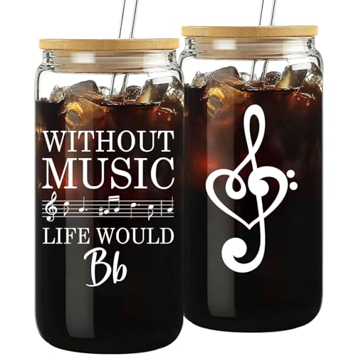 Mikopei Music Gifts for Women Men - Cool Glass Cup with Lid and Straw, Musical Gifts for Music Lovers Musician Teacher Singers, Funny Piano Choir Iced Coffee Cup Smoothie, 16 oz