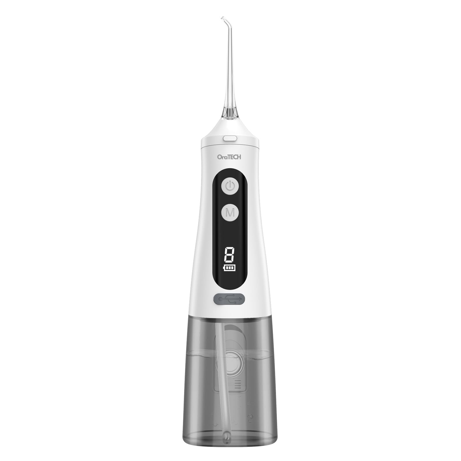 OraTECH - Idropulsore dentale portatile, senza fili, 350 ml, ricaricabile, da viaggio, IPX7, impermeabile, per la pulizia dei denti (bianco)