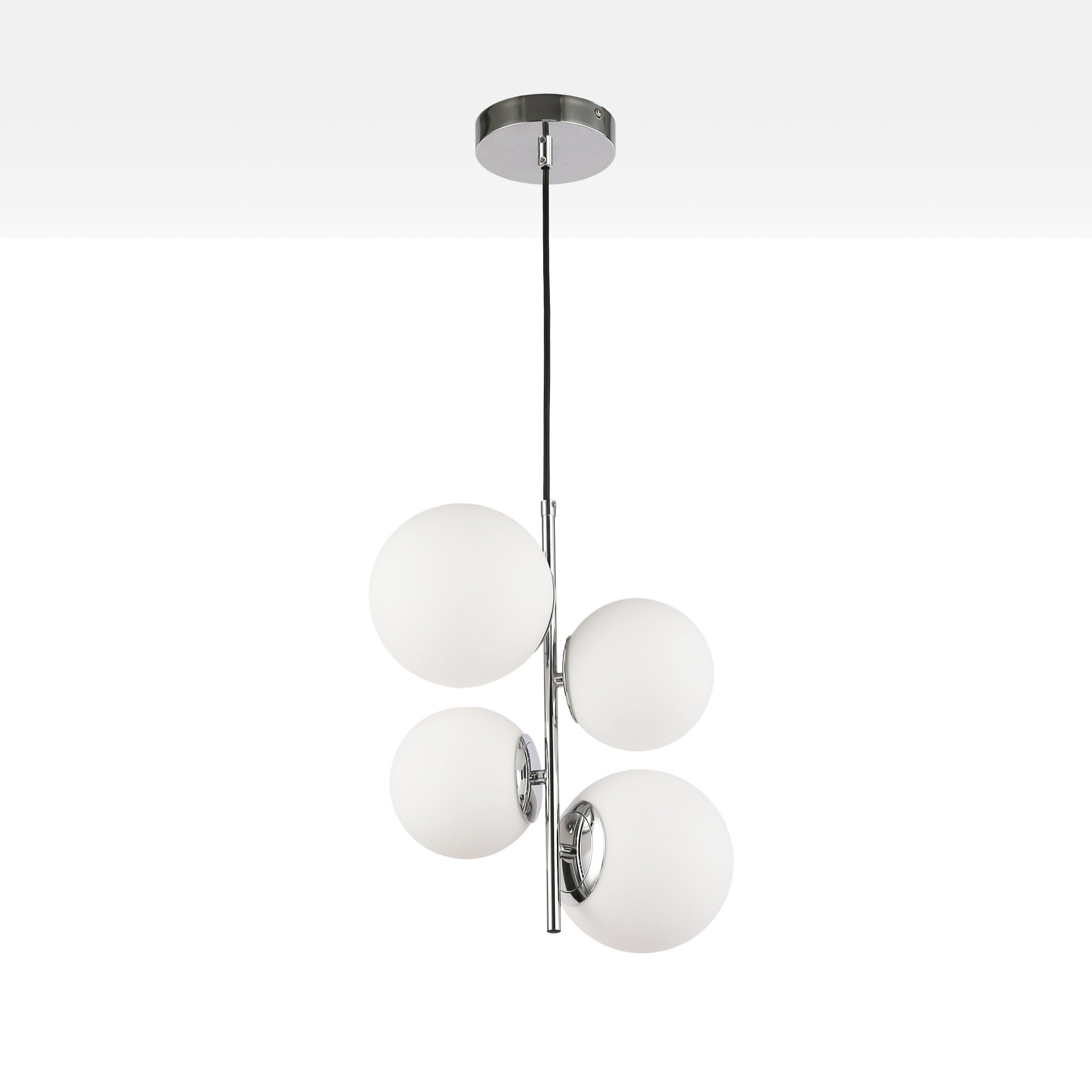 Lampada a sospensione da soffitto TANNA a 4 sfere, lampada moderna in vetro opalino e alluminio, attacco E27, Ø 15cm, altezza regolabile, per soggiorno, sala, cucina o camera da letto