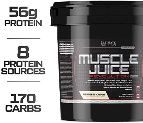 Ultimate Nutrition Muscle Juice Revolution 2600 Weight Gainer, Intestinal Health, Muscle Recovery with Glutamine, Micellar Casein and Time Release Complex Carbohydrates, Cookies N Cream Powder, 11.1 Pounds 4 Ultimate Nutrition Muscle Juice Revolution 2600 Weight Gainer, Intestinal Health, Muscle Recovery with Glutamine, Micellar Casein and Time Release Complex Carbohydrates, Cookies N Cream Powder, 11.1 Pounds