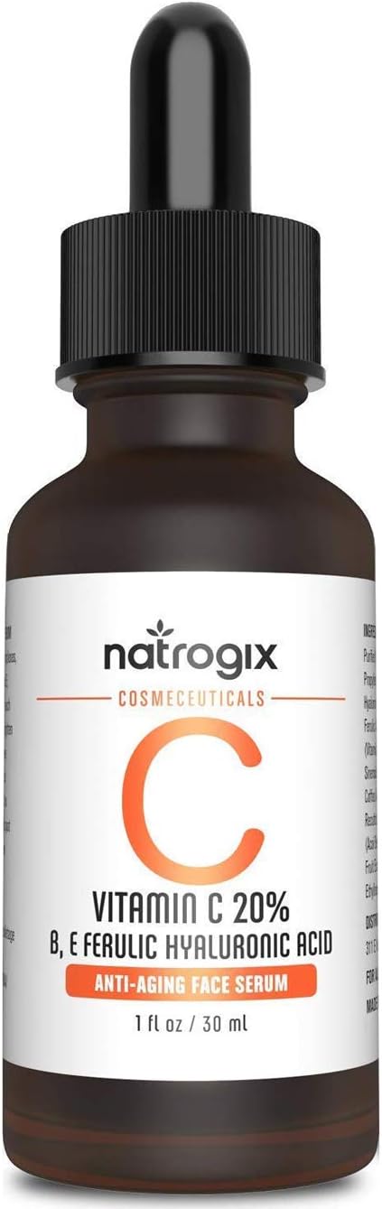Vitamin C Serum by Natrogix, Super Anti-Aging Facial Serum With Ferulic Acid, Hyaluronic Acid, Vitamin B E for Women Face, Eyes, Neck Wrinkle Dark Circles Fades Age Spots Repair Care,1 Fl Oz/ 30ml
