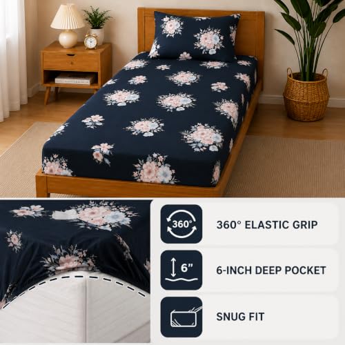 Image of Cotton Elastic Fitted Bedsheets with 1 Pillow Covers | Floral Printed Single Bed Elastic 220 TC Supersoft Breathable & Wrinklefree | for 36x72+6 Inches, Home Style Midnight Navy Floral