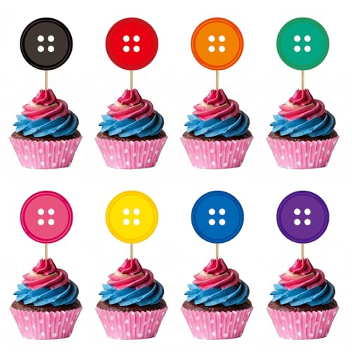 ForraFun 32 Pcs Button Cupcake Toppers, Colorful Paper Cake Decorations Versatile Button Eye Cupcake Topper for Cake Decorations Birthday Party, Baby Shower, Holiday Celebrations