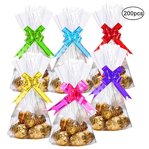 pengxiaomei 100Pcs Clear Cellophane Treat Bags, 30 x 20cm Flat Treat Bags Cellophane Block Bottom Storage Bags with 100Pcs Colorful Ties Bows