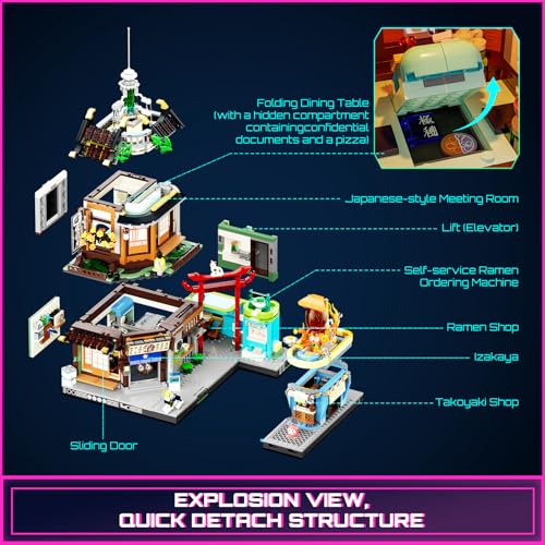 Image of FUNWHOLE Cyberpunk Japanese-Izakaya Lighting-Building-Bricks Set - Cyberpunk Neon City Future Pub Japanese Street View House Collection LED Light Model Set 1987 Pcs for Adults and Sci-fi Lovers