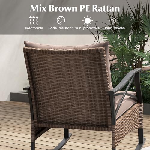 Image of Tangkula 3 Pieces Outdoor Rocking Chairs Set, Rattan Heavy Duty Cushioned Rocker Chairs with 2-Tier Tempered Glass Coffee Table, for Garden, Balcony, Backyard | Heavy Duty Cushioned Rattan Patio Rocker Bistro Set, 2-Tier Side Table w / Acacia Wood Tabletop, for Porch