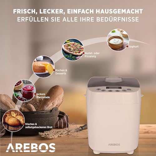 Bild 2 - Arebos Brotbackautomat 1500g | mit 15 Programmen | 2 Knethaken | Timer | LCD Display | 3 Bräunungsgrade und Brotgrößen | 850 W | Weiß