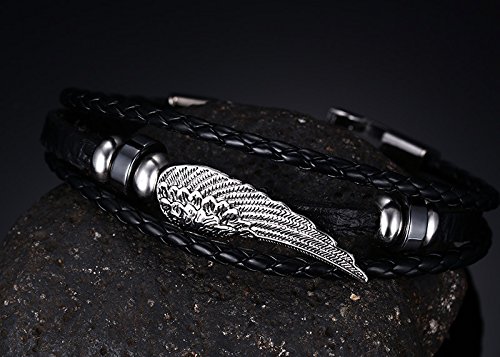 Youyuzu Stainless Steel Guardian Angel Wing Braided Leather Cuff Bangle Bracelet Wristband #TOP1