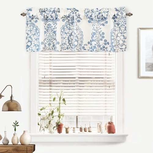 DriftAway Damask Curtains Valances for Windows Farmhouse Style Floral Medallion Patterned Samantha Kitchen Bedroom Livingroom Valance Curtain Single 52 Inch by 18 Inch Plus 2 Inch Header Dusty Blue