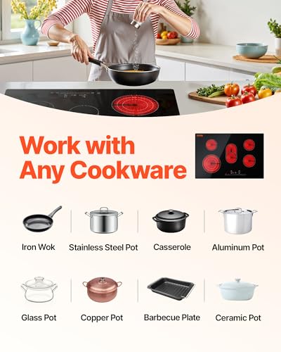 Image of VEVOR Built in Electric Stove Top, 30inch 5 Burners, 240V Glass Radiant Cooktop with Sensor Touch Control, Timer & Child Lock Included, 9 Power Levels for Simmer Steam Slow Cook Fry