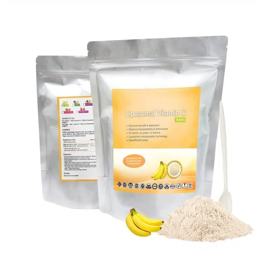 Vitamina C liposomal + polvo de extracto estandarizado de plátano - Polvo 150g 100% natural sin aditivos - Para sopa, bebidas, pastelería