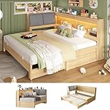 lividido Corner Daybed with Trundle and Storage Bookcase Headboard, Wood Twin to King Size Daybed with Extendable Bed, LED Lights and Charging Station for Bedroom, Guest Room, Natural Oak