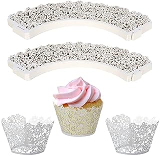 150 Pack White Cupcake Wrappers, Lace Cupcake Cases Baking Cups for Wedding, Laser Cut Cupcake Liners Muffin Cake Paper Cups for Christmas Halloween Birthday Party Decoration