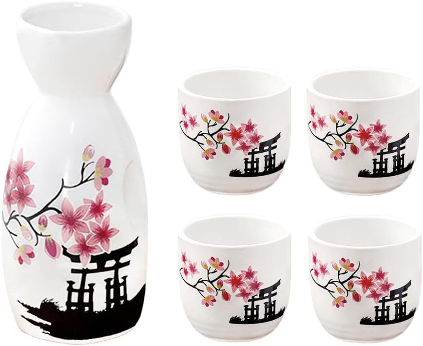 5 Pcs Sake Set Traditional Japan Sake Cup Set Hand Painted Design Porcelain Pottery Ceramic Cups Crafts Wine Glasses (Pink Flower, 200 ML)