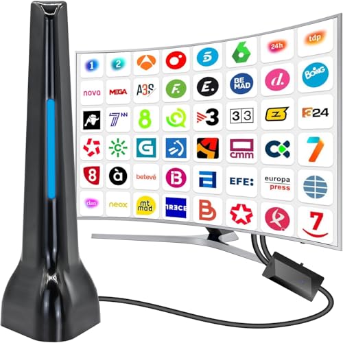 Antena TV Interior, Antena de TV Inteligente, Digital HD de recepción de Largo Alcance, Base magnética Fuerte para Canales de Interiores 4k 1080P - Cable de 10 pies de Largo