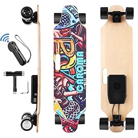 Caroma Skateboard électrique, Longboard électrique de 90 cm avec télécommande sans fil, vitesse maximale de 25 KMH, double moteur 700 W, batterie longue durée 4 AH, longue durée pour adolescents et adultes