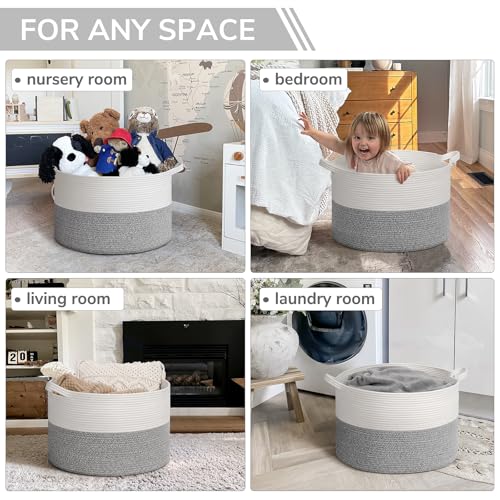 Image of INDRESSME Large Blanket Basket, Laundry Toy Storage Baskets, Decorative Woven Basket for Living Room & Nursery, Baskets for Gifts Empty, Laundry, Dog Toys, Towels, Light Grey, 19.7 inch D x 12.6 inch H