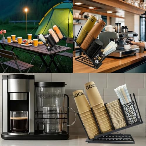 kaixinha Adjustable Cup Holder Organiser for Coffee Capsules, Mugs, Spoons, Tea Bags | Black Metal Organiser with Removable Basket | Home, Cafe, Office Kitchen Utensils - Image 2