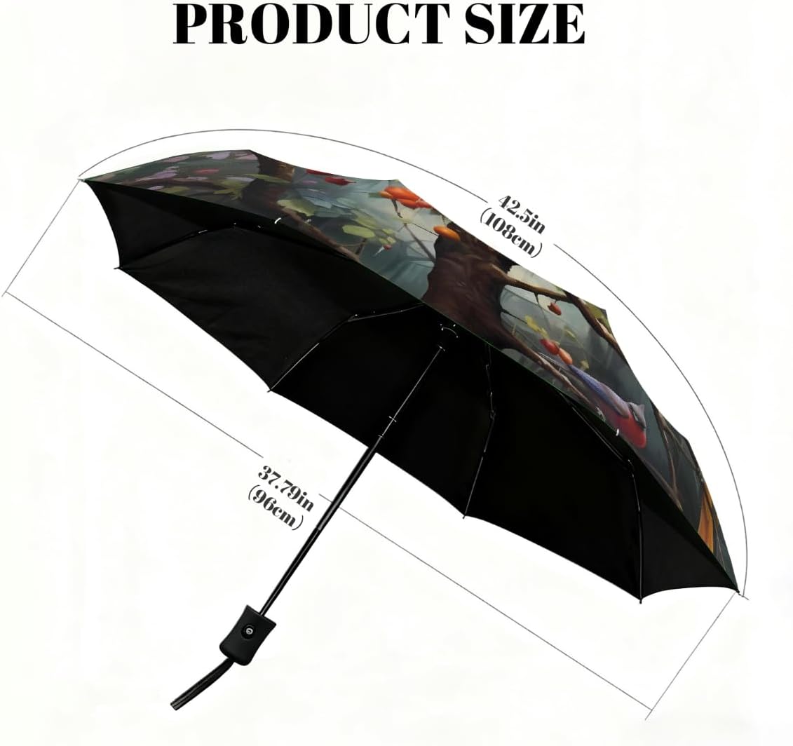 Auto Open Close Umbrella Colorful Birds Tree Branch Sun UV Protection Umbrella for Rain Windproof 3 Fold Lightweight Compact Umbrellas for Travel Walking Outdoor