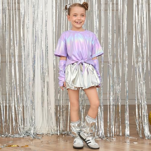Image of Perfashion Girls Metallic Shirts Shiny Tie Front Knot Crop Top with Arm Sleeves for Dancing Raves Festivals 4-15 Years