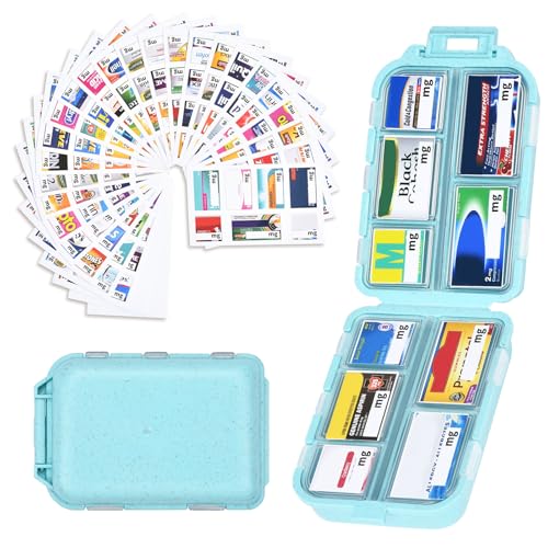 Travel Pill Organizer with Medicine Labels, 10 Compartments Travel Medicine Organizer Daily Small Pill Container Travel Pill Box Purse Pill Case (Blue, 189 Lables)