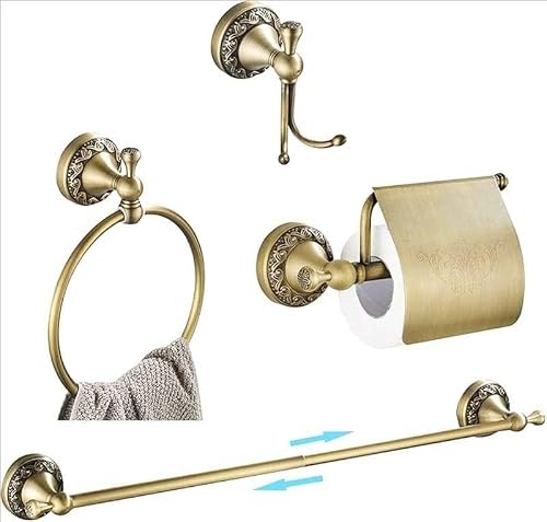 HAOXUELI Solid Brass Carved Bathroom Hardware Retractable Towel Bar Ring Paper Holder Double Hooks(Antique 4)