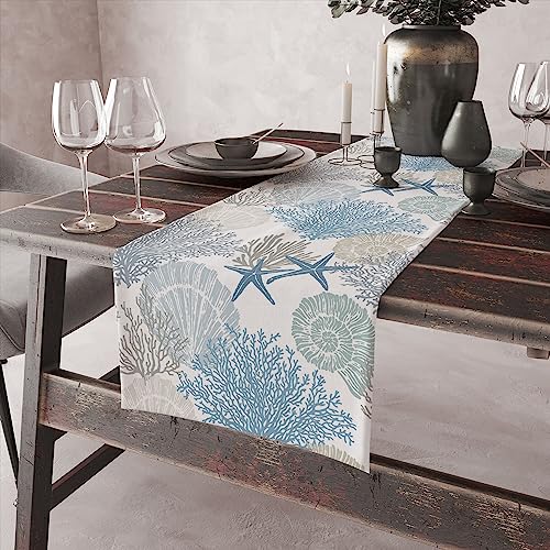 Image of Coastal Beach Tablecloth,Sea Animals Starfish Summer Theme Nautical Sea Shells Satrfish Theam,Summer Ocean Home Decor for Table Dining Room Kitchen,Blue,13x60 inch