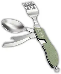Talher Multifuncional 4 em 1 Aço Inoxidável para Camping, Trilhas e Viagens – Colher, Garfo, Faca e Abridor Portátil Compacto e Resistente