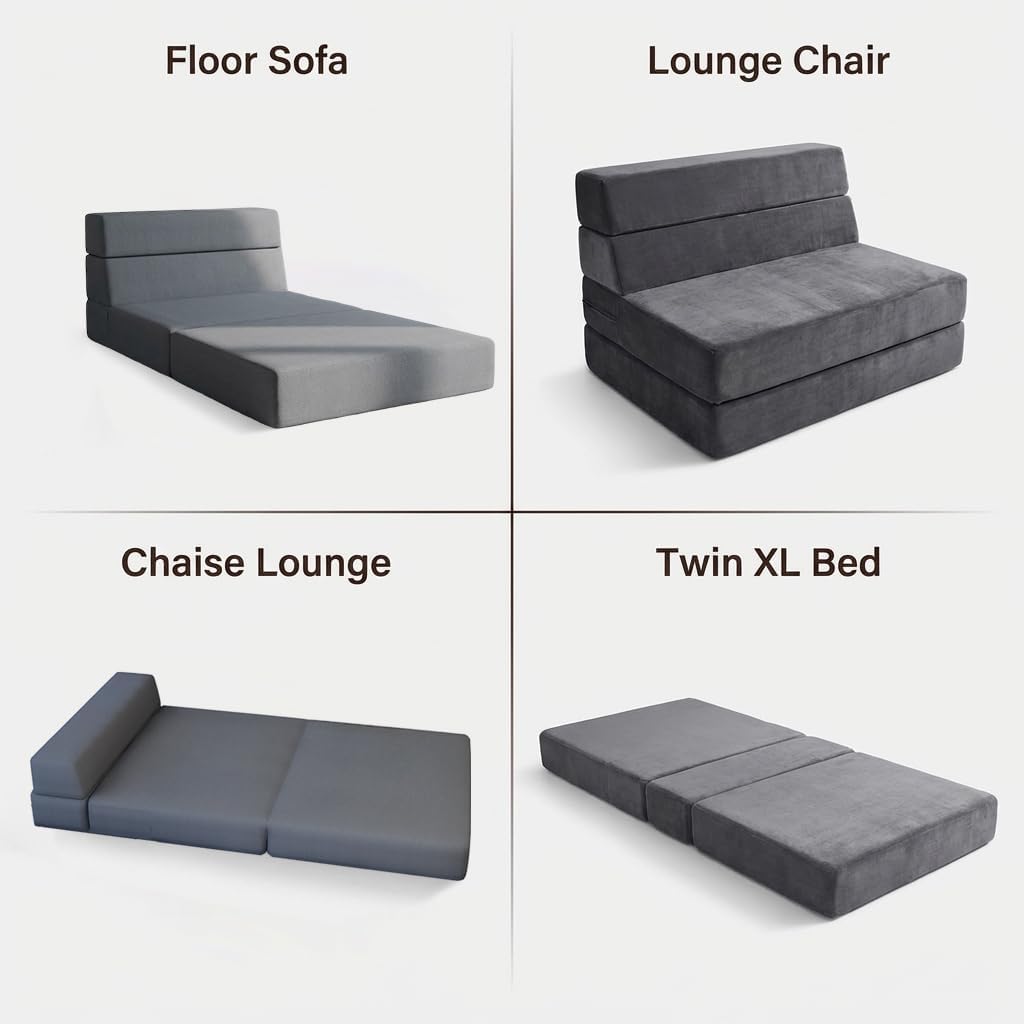 4-in-1 Convertible Single Sofa Bed, 7.8" High-Density Memory Foam Foldable Mattress, Twin Size Sleeper Chair for Adults, Folding Floor Sofa with Washable Velvet Cover for Guest/RV/Dorm - Grey